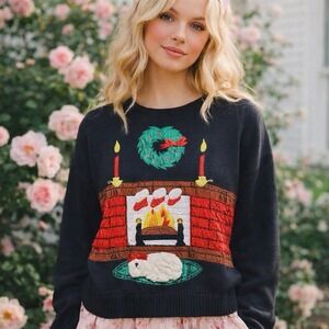 Vintage Christmas Sweater Sheepdog Fireplace Scene Beaded Embroidered Pullover M